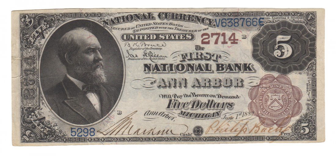 Ann Arbor, MI - Ch. 2714 - 1882 $5 Brown Back (1 of 2)