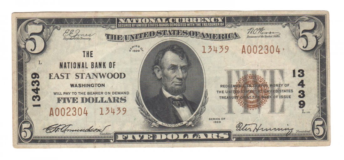 East Stanwood, WA - Ch. 13439 - 1929 $5 Type2 (1 of 2)