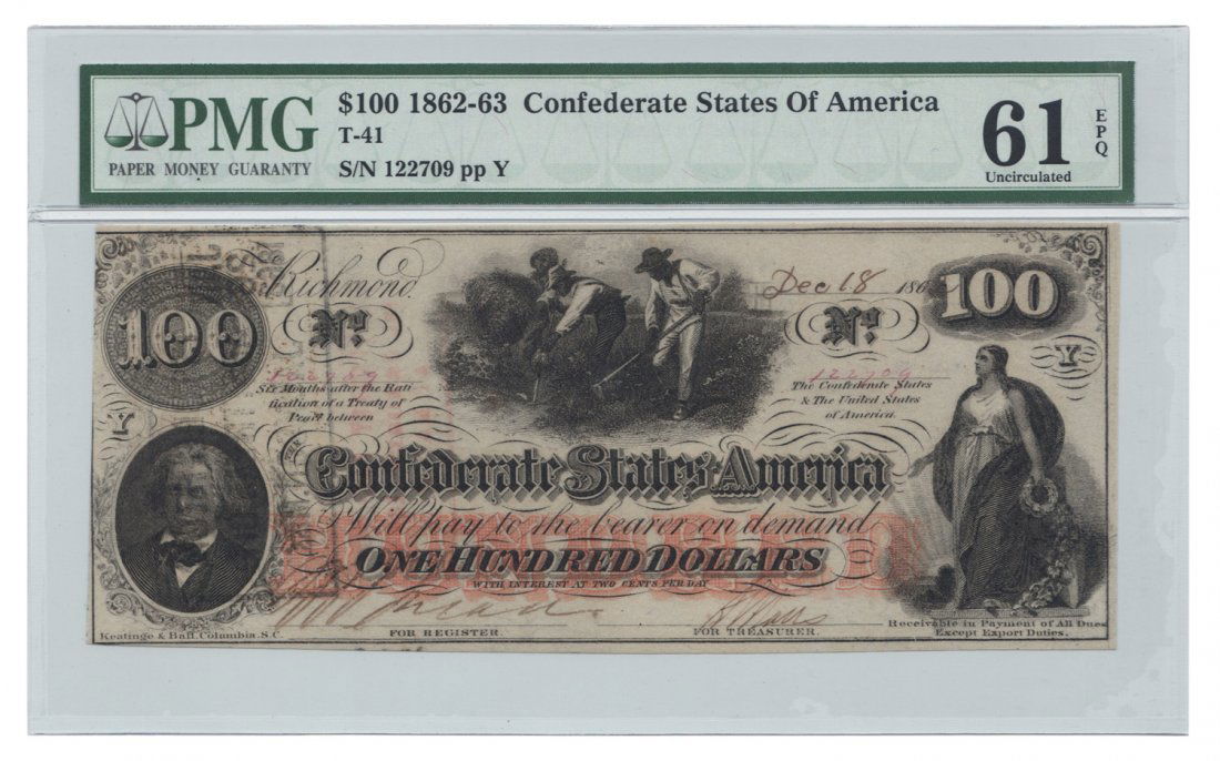T41 1862 $100 Confederate Note: A well signed and boldly embossed example of this popular Hoer note that is only held back in grade by a left margin cut slightly into the design.