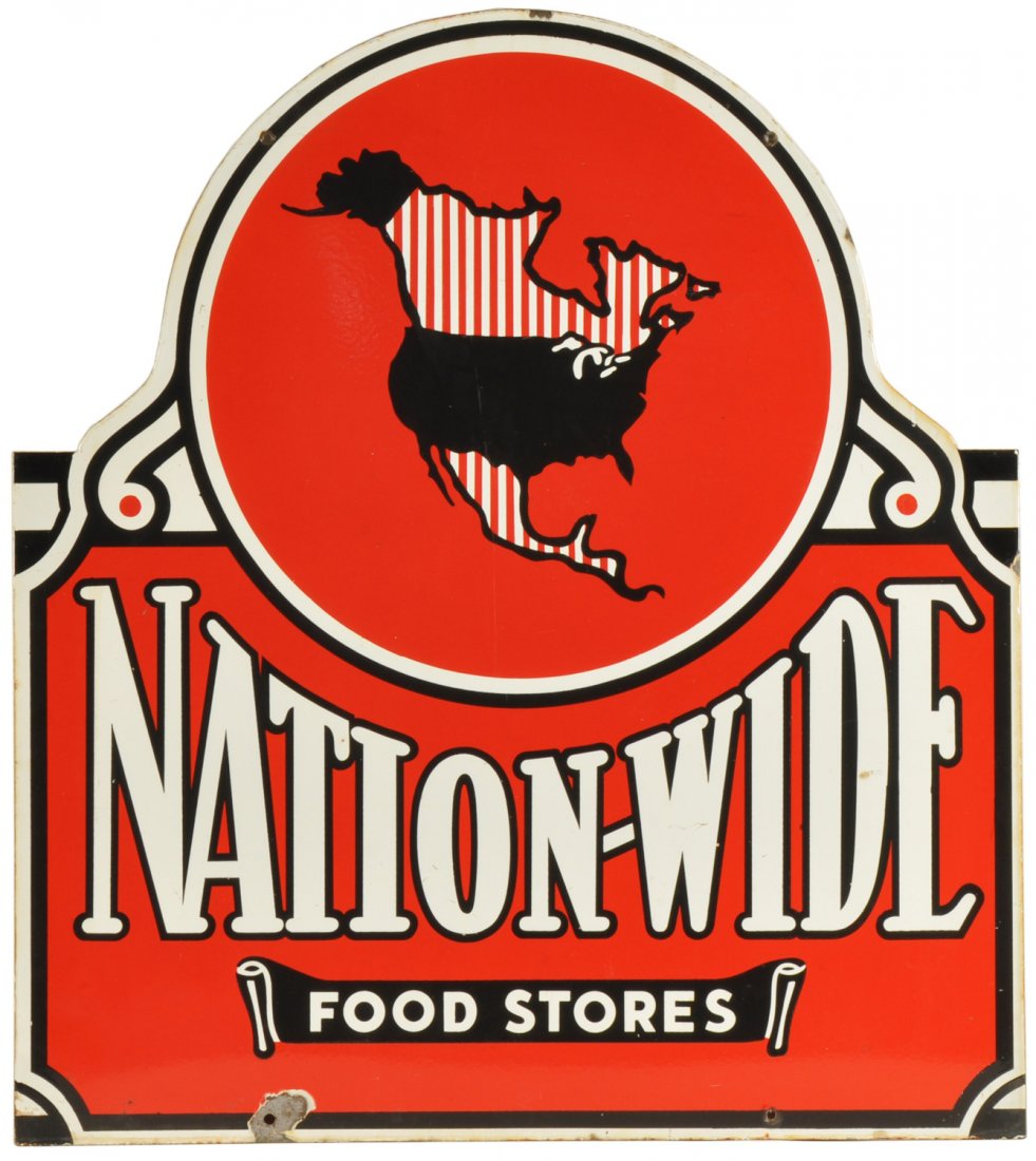 Nation-Wide Food Stores Porcelain Sign: Die cut double sided porcelain sign for Nation-Wide Food Stores with large graphic of North America and excellent red, black and white color scheme. Both sides show deep colors and great gloss and chi