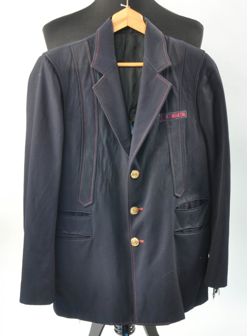 Amtrak Uniform Jacket: Amtrak Uniform three button jacket with Amtrak buttons, red stitching detail and D.A. Martin name panel. Inside lining has large tear but outside displays well. Measures approx. size 40.