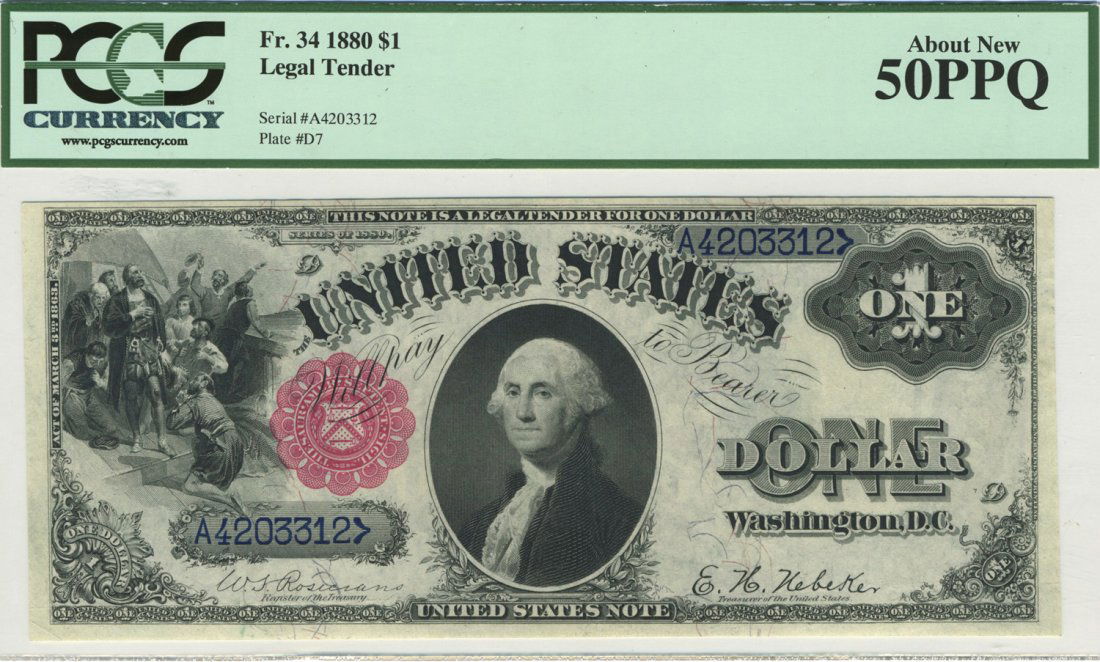 Fr. 34 - 1880 $1 Legal Tender: Based on the grade, I am guessing that this note has two slight vertical bends on it somewhere. They cannot be seen through the holder. But what can been seen are the tremendously vibrant colors of th