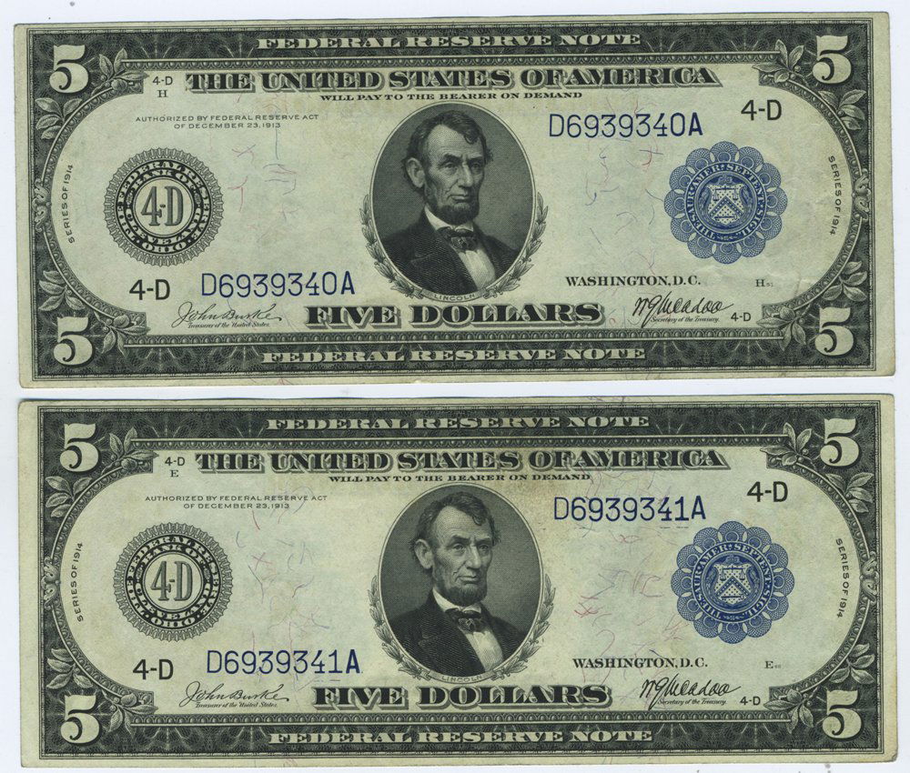 Fr. 856 - Pair of 1914 $5 Cleveland Blue Seal FRN (1 of 2)