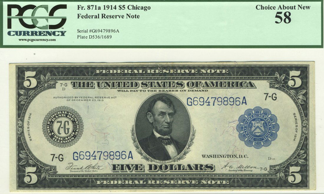 Fr. 871a - 1914 $5 Chicago Blue Seal FRN (1 of 2)