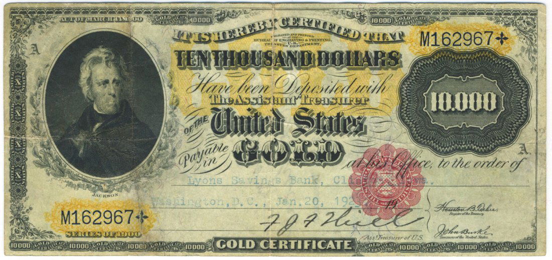 Fr. 1225h - 1900 $10000 Gold Certificate UNCANCELED (1 of 2)