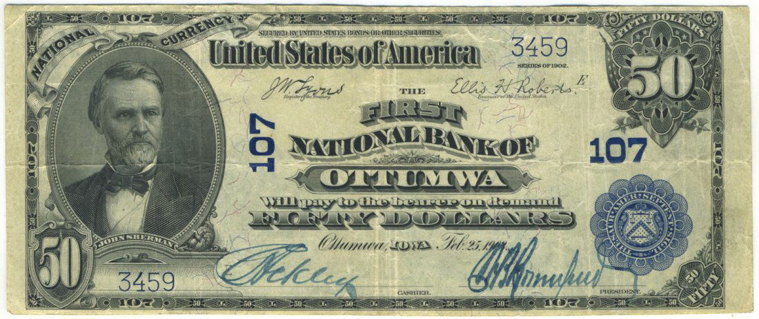 Ottumwa, IA - Ch. 107 - 1902 $50 Blue Seal Plain Back (1 of 2)