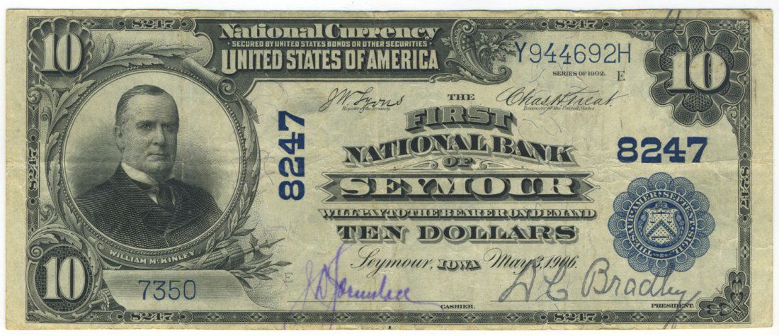 Seymour, IA - Ch. 8247 - 1902 $10 Blue Seal Plain Back (1 of 2)