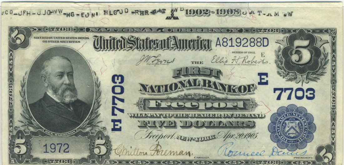 Freeport, NY - Ch. 7703 - 1902 $5 Blue Seal Plain Back (1 of 2)