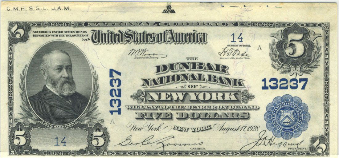 New York, NY - Ch. 13237 - 1902 $5 Blue Seal Plain Back (1 of 2)