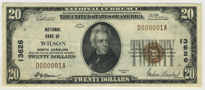 Wilson, NC - Ch. 13626 - 1929 $10 Type1: This new discovery quickly jumps to the head of the class in terms of grade and desirability for this North Carolina bank. The note has a single horizontal fold through it to account for its AU grade.