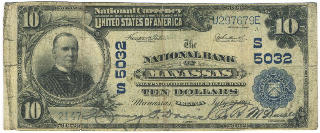Manassas, VA - Ch. 5032 - 1902 $10 Blue Seal Plain Back (1 of 2)