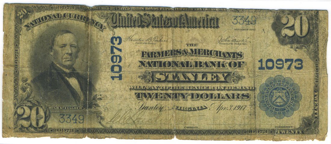 Stanley, VA - Ch. 10973 - 1902 $20 Blue Seal Plain Back (1 of 2)