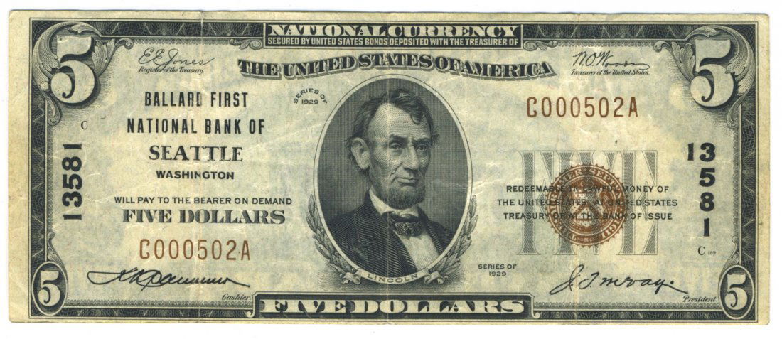 Seattle, WA - Ch. 13581 - 1929 $5 Type1 (1 of 2)