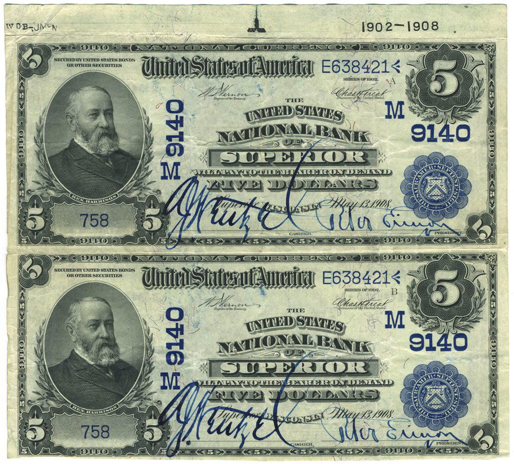 Superior, WI - Ch. 9140 - 1902 $5 Blue Seal DB Uncut (1 of 2)