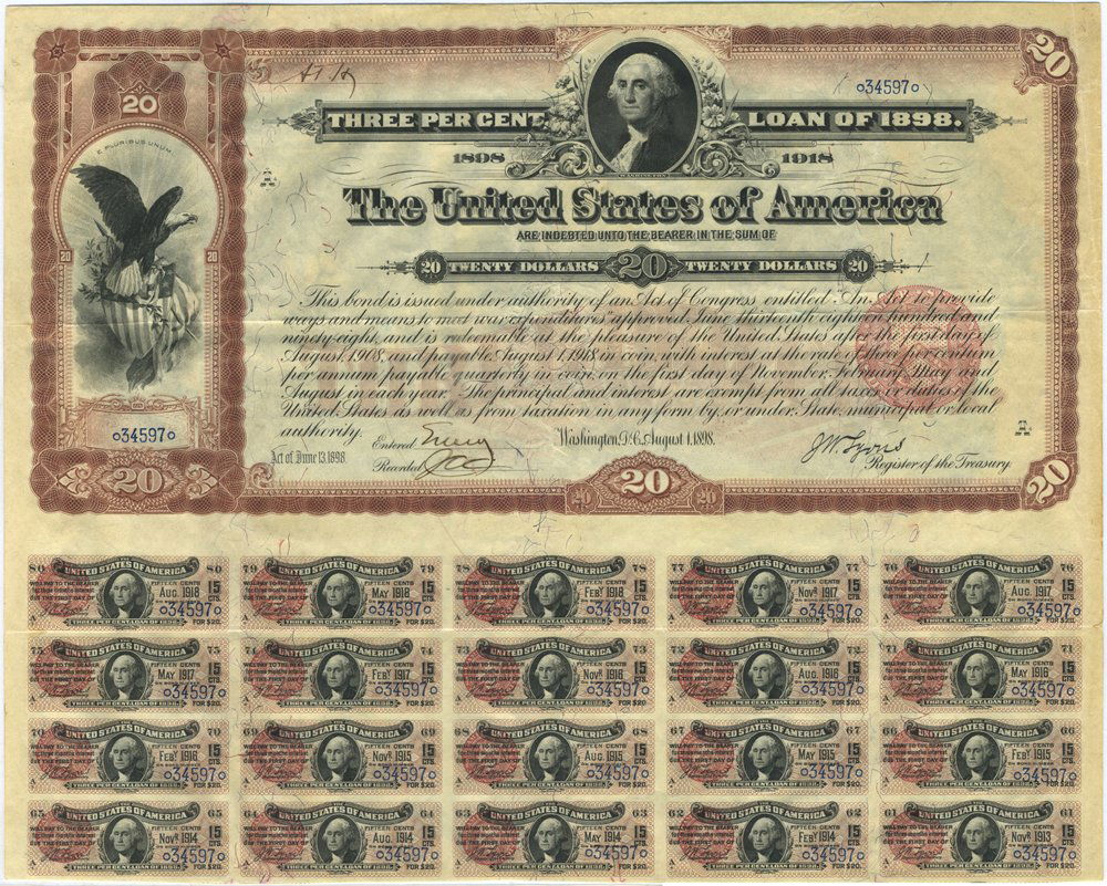 $20 Spanish-American War 3% Coupon Bond of 1898 (1 of 2)