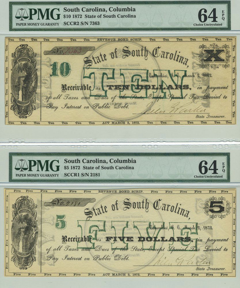 Pair of State of South Carolina 1872 $5 & $10 Obsoletes (1 of 2)