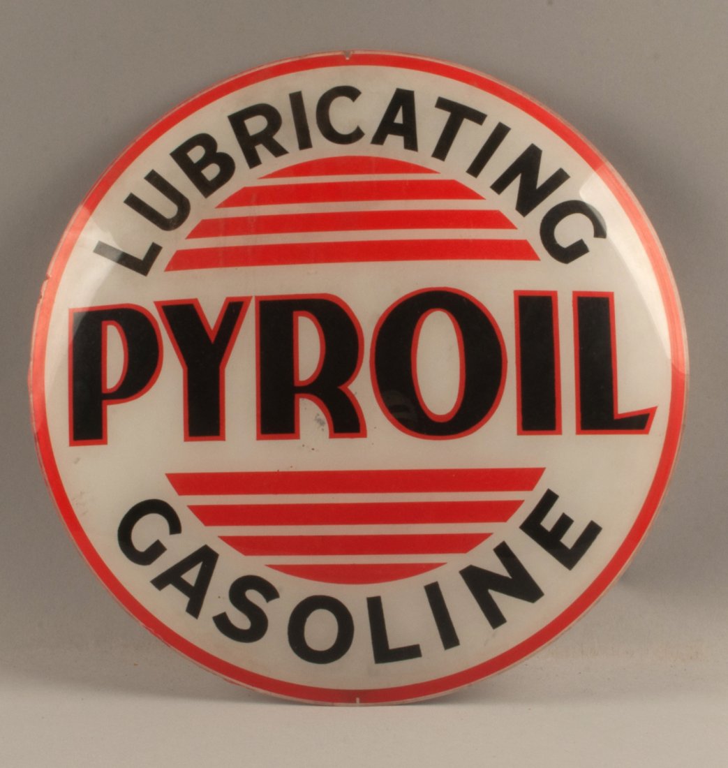 Pyroil Lubricating Gasoline Globe Lens: Pyroil Lubricating Gasoline glass lens with great red and black colors. 14" diameter