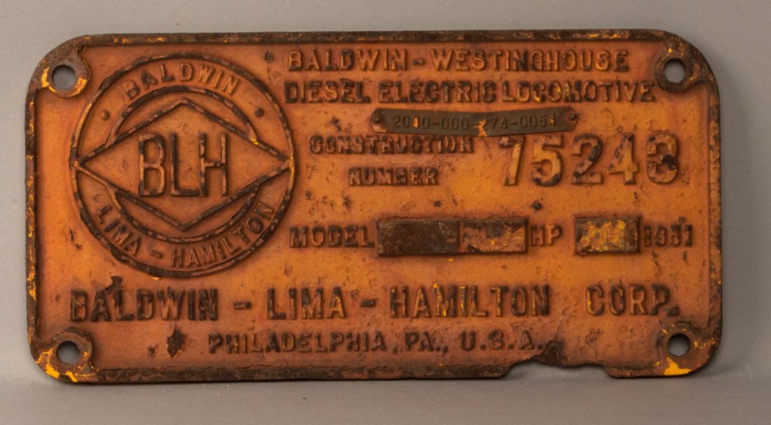 OIM 1200A - S-8 Diesel Locomotive Builder's Plate: Baldwin Diesel Locomotive Builder's Plate 75243 off of Oliver Iron Mining Railroad ( OIM ) Locomotive #1200A a S-8. 14.5" x 7.5"
