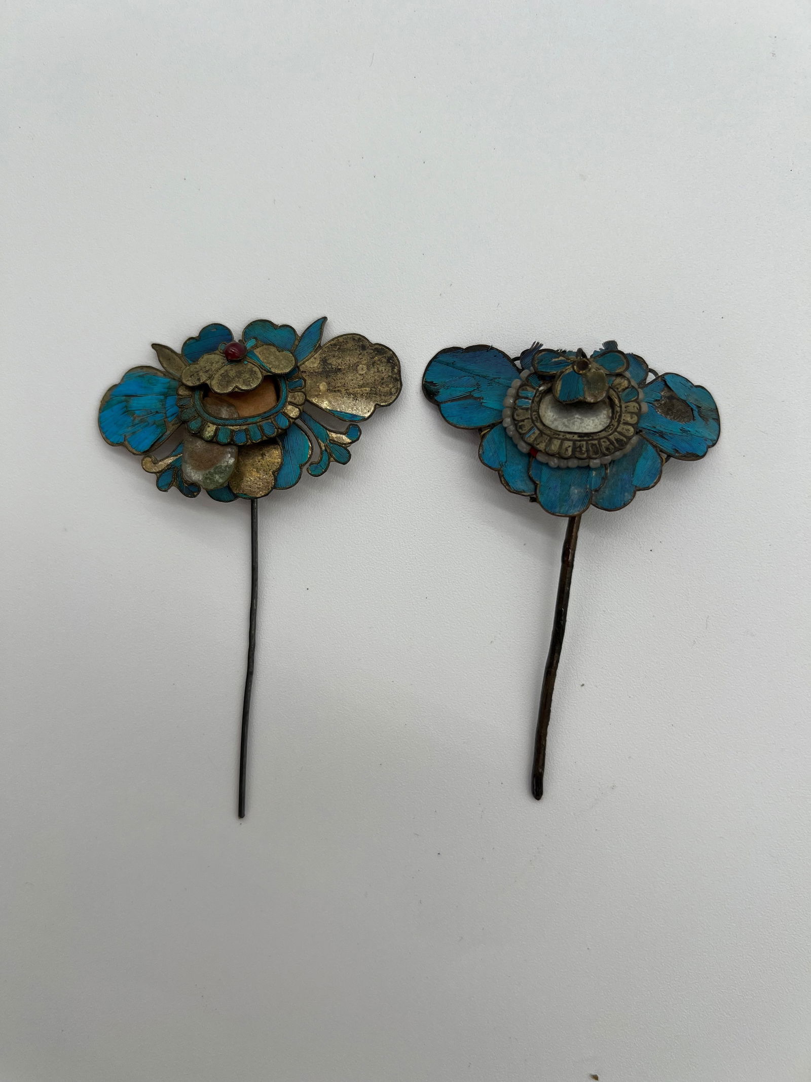 Two Chinese Kingfisher feather silver hairpin ornament (1 of 10)