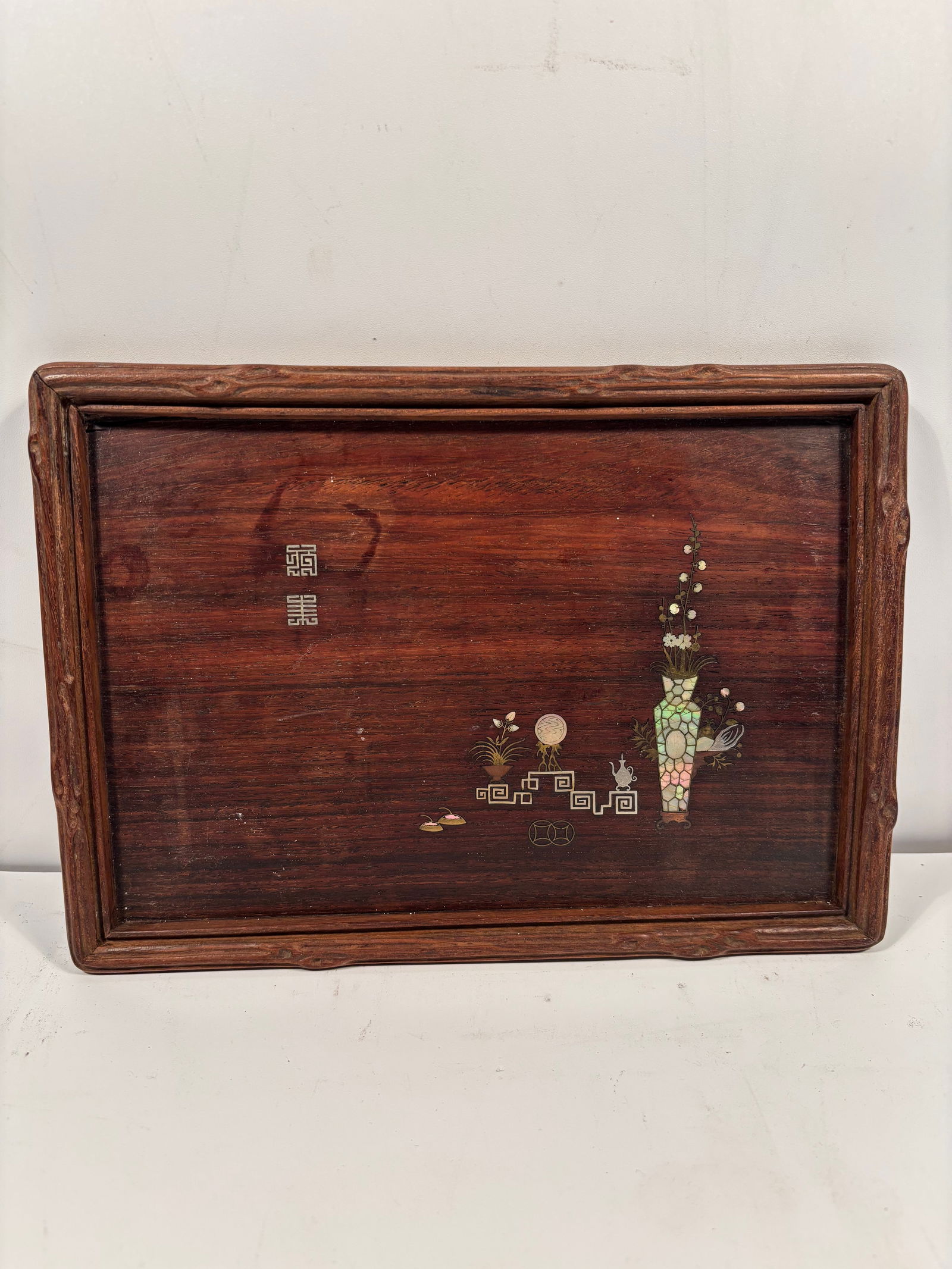 A Chinese mother-of-pearl and gilt bronze inlaid carved rosewood tray (1 of 11)