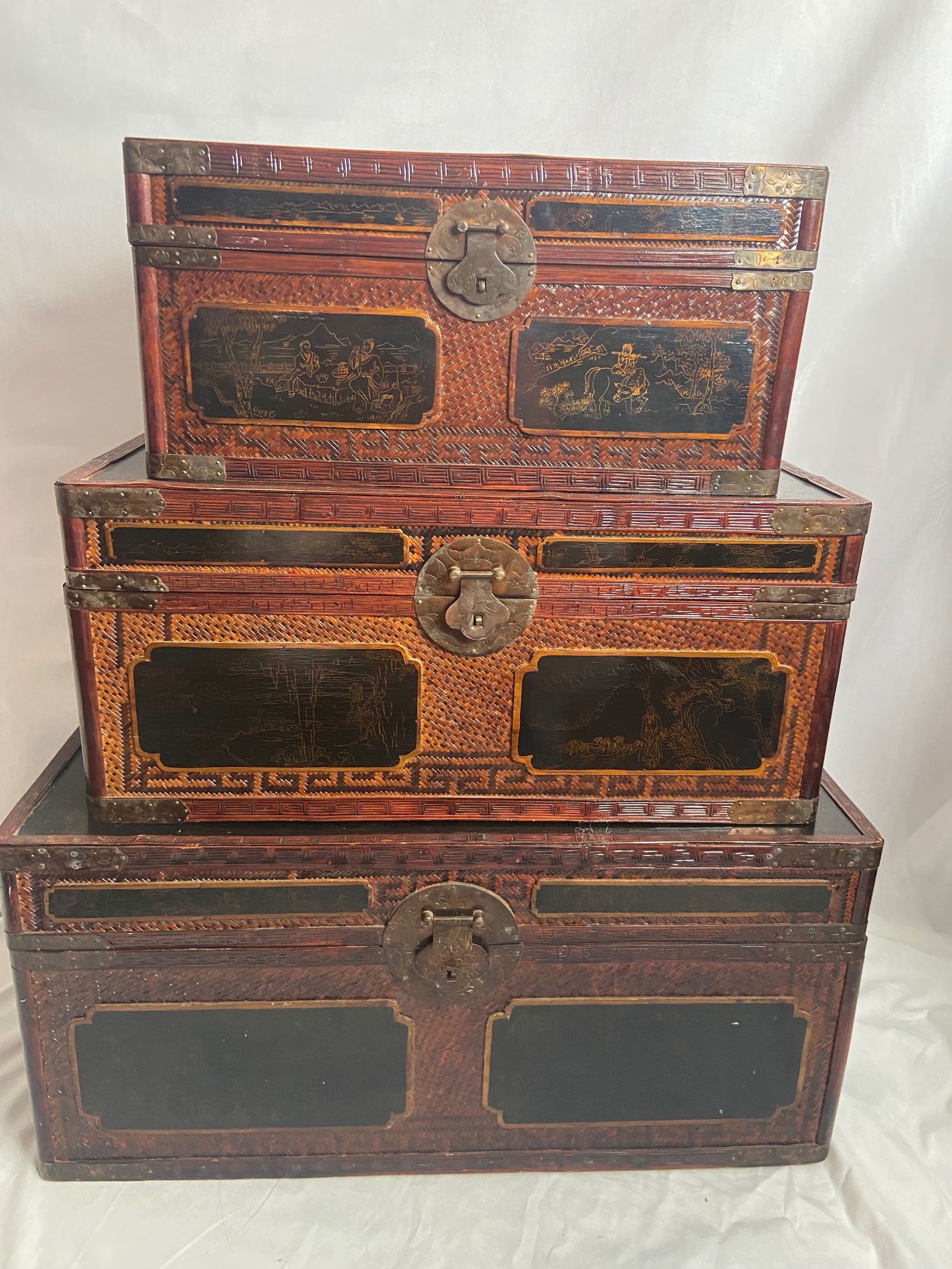 Set of 3 Early 20th Century Mainland-Smith Asian Chinese Chinoiserie Bamboo Reed Wedding Truck (1 of 18)