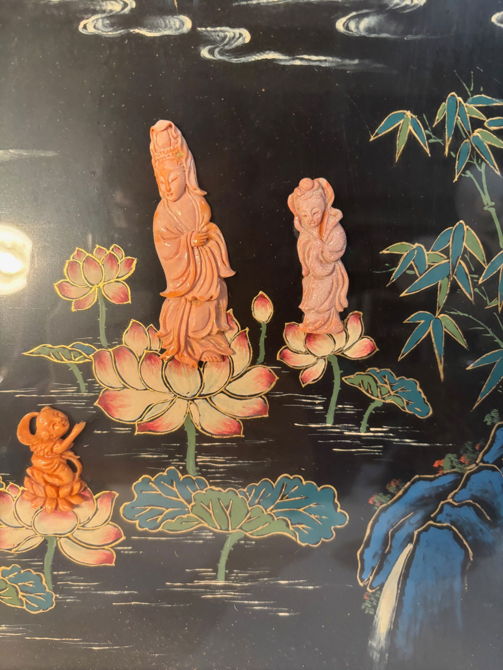 A Chinese hand painted on wood with coral Buddha statues and poem framed artwork (1 of 6)