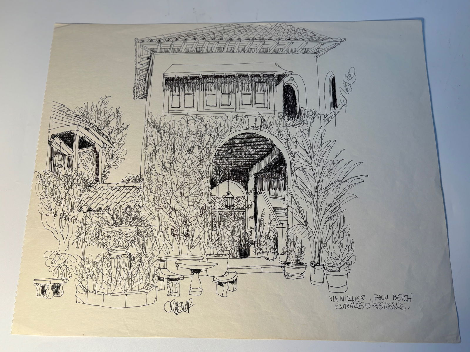 Pen-and-ink architectural Sketch "Via Mizner,  Palm Beach, FL "signed by William Orlandorf (1 of 7)