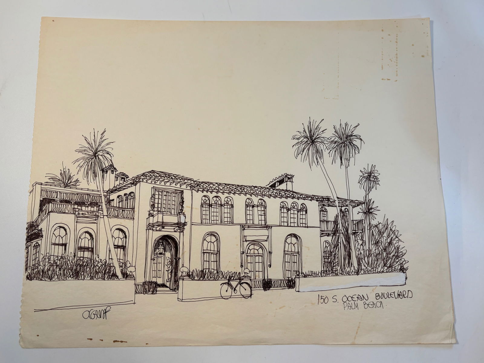 Pen-and-ink architectural Sketch " 150 S Ocean blvd,  Palm Beach, FL "signed by William Orlandorf (1 of 6)