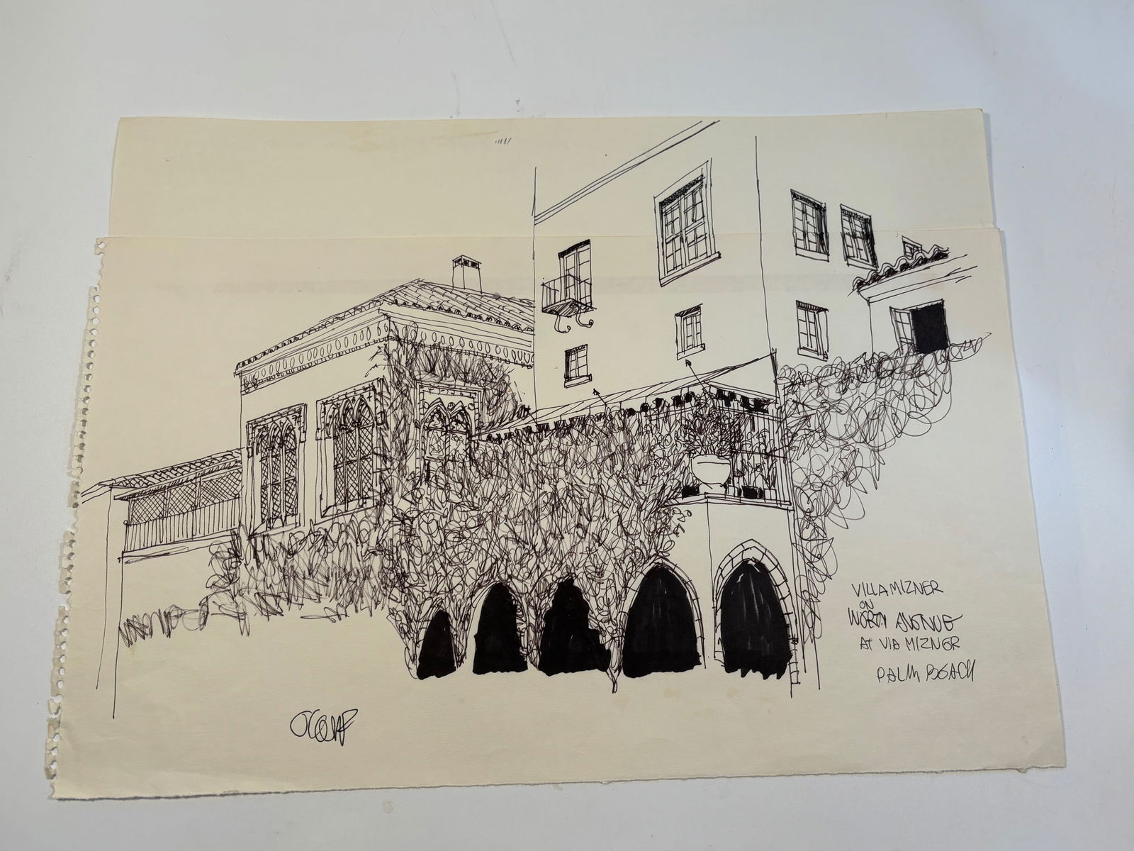 Pen-and-ink architectural Sketch " Villa Mizner on Worth ave, Palm Beach, FL "signed by William (1 of 6)