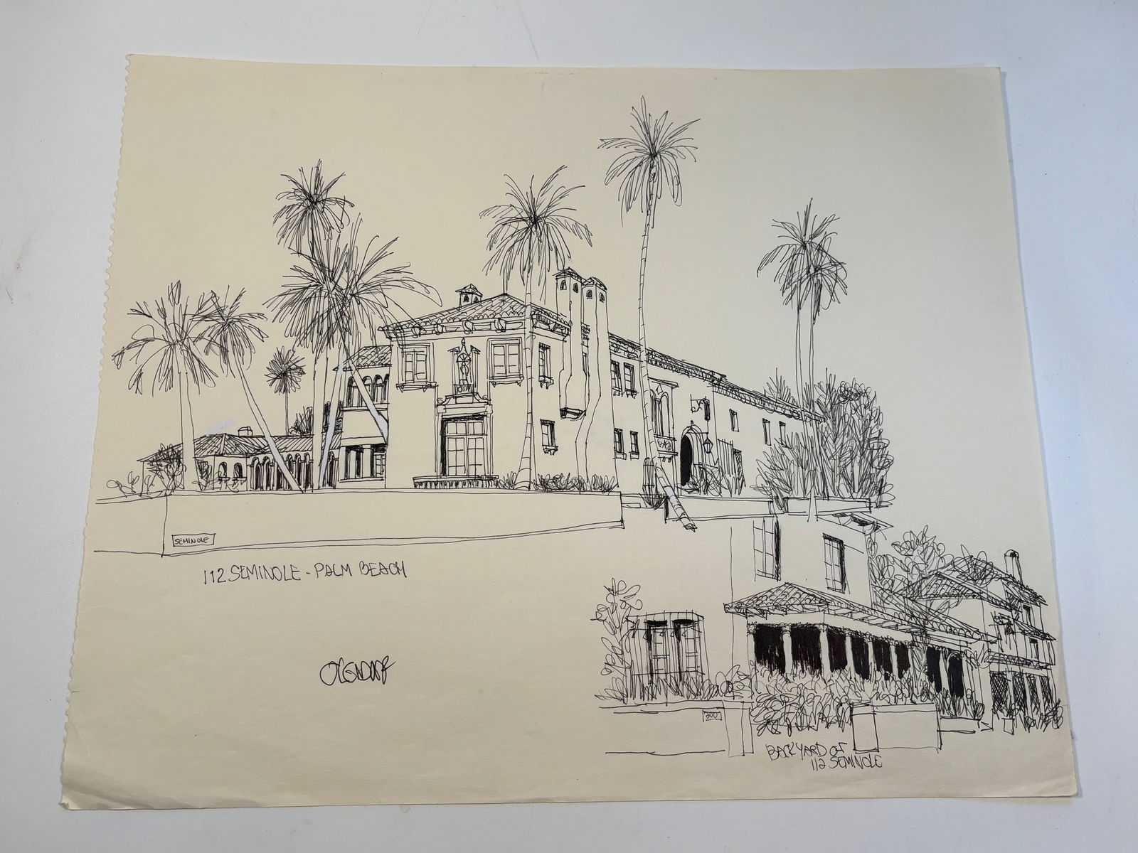 Pen-and-ink architectural Sketch " 112 SEMINOLE , Palm Beach, FL "signed by William Orlandorf (1 of 6)