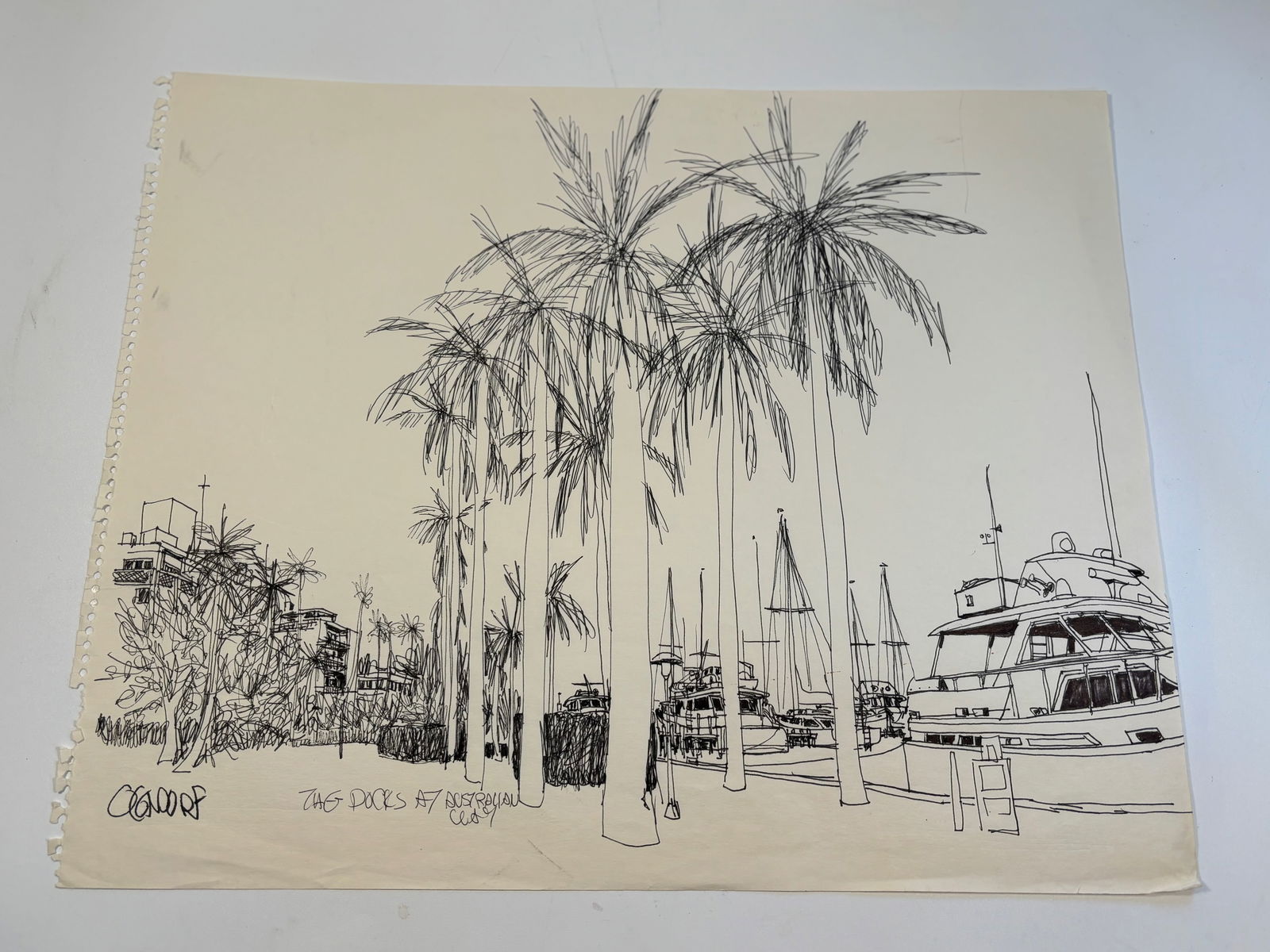 Pen-and-ink architectural Sketch " The Dock at Australian Club , Palm Beach, FL "signed by William (1 of 6)