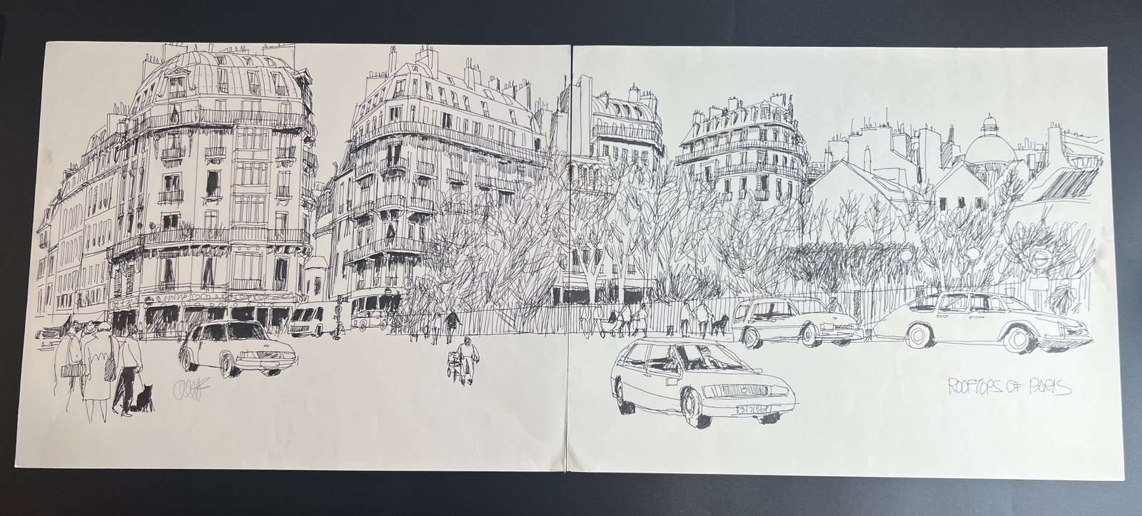 Pen-and-ink architectural Sketch “Rooftops of Paris " signed by William Orlandorf: William Orlandorf (American, 1924-1996), was a lifelong Chicago resident and world recognized artist sketched and painted Chicago and the cities of Europe for over 30 years. Bill's style is neo-impres