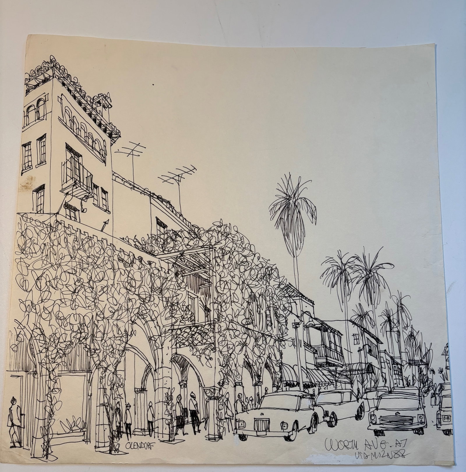 Pen-and-ink architectural Sketch "Via Mizner, Palm Beach, Florida "signed by William Orlandorf: William Orlandorf (American, 1924-1996), was a lifelong Chicago resident and world recognized artist sketched and painted Chicago and the cities of Europe for over 30 years. Bill's style is neo-impres