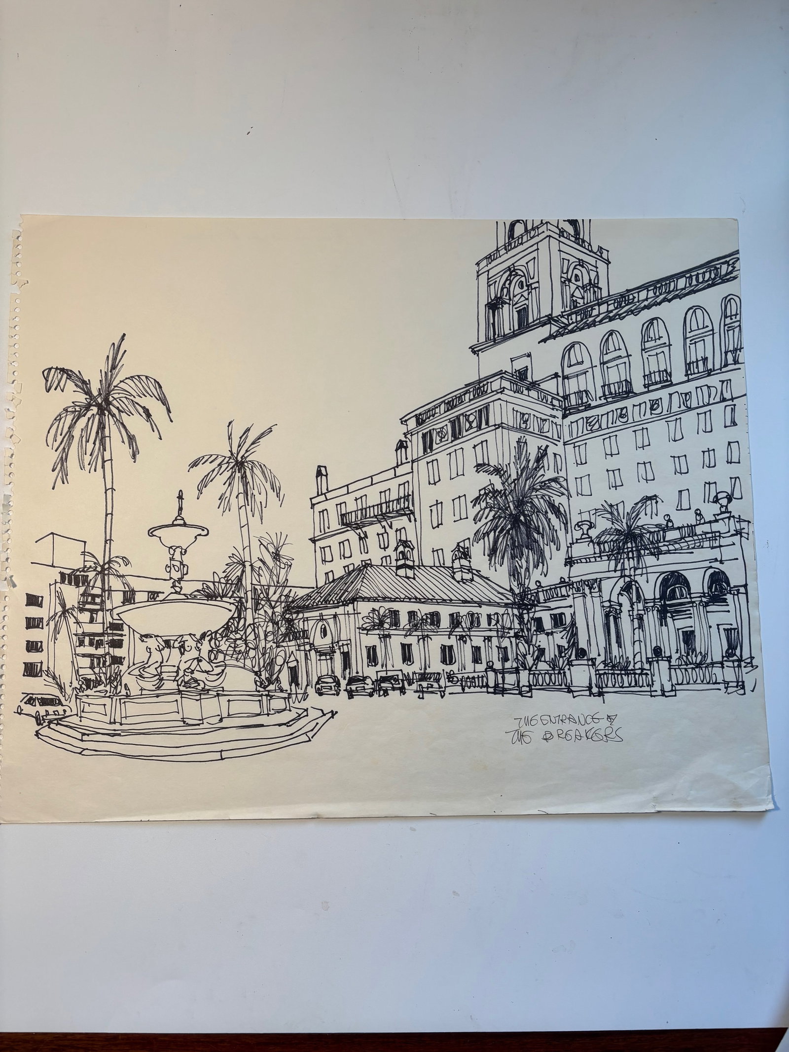 Pen-and-ink architectural Sketch "The entrance of The Breakers, Palm Beach, Florida "signed by: William Orlandorf (American, 1924-1996), was a lifelong Chicago resident and world recognized artist sketched and painted Chicago and the cities of Europe for over 30 years. Bill's style is neo-impres
