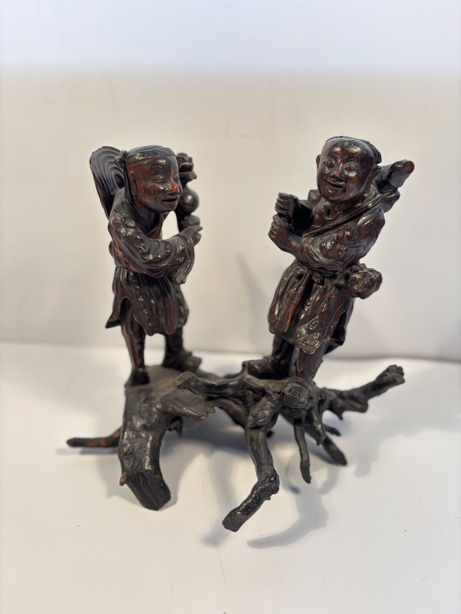 A Chinese wood carved statue of two boys (1 of 14)