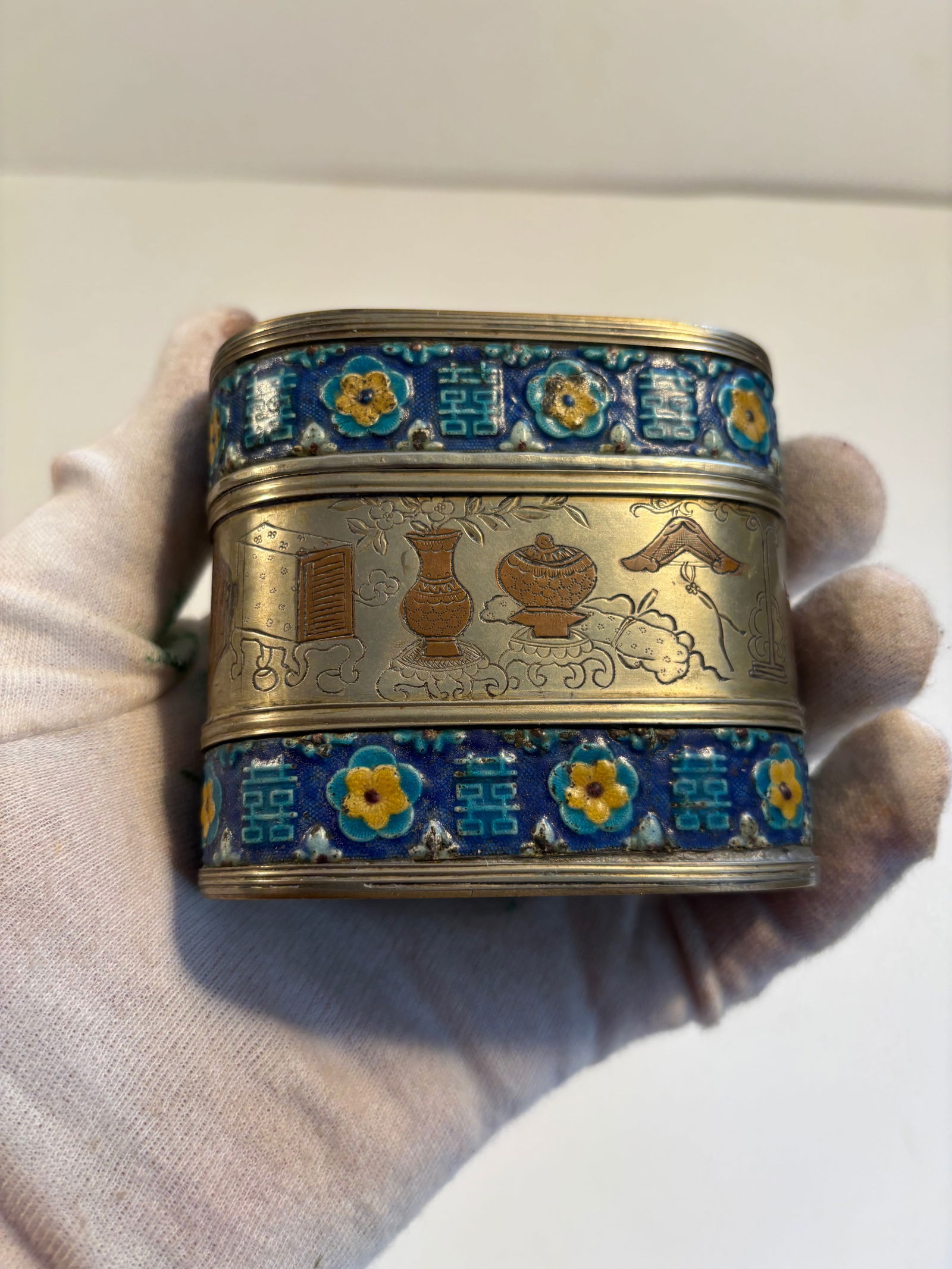 A Chinese enamel white copper/báitóng opium box (1 of 11)