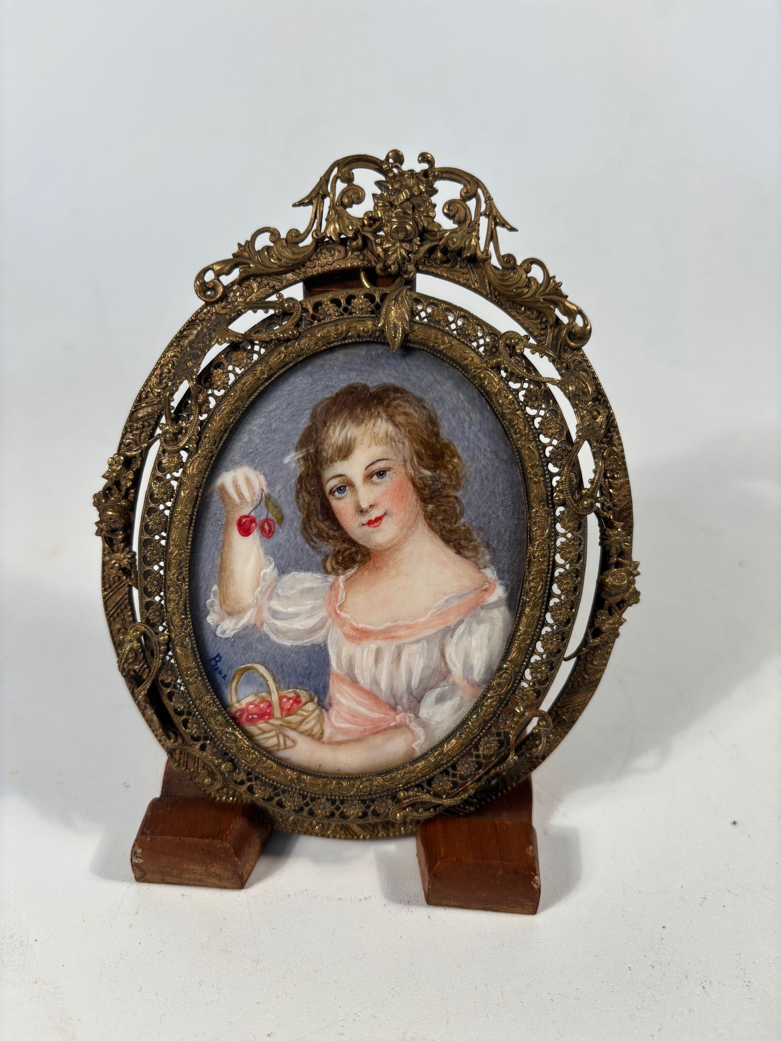 Continental Miniature Portrait of a Girl with Cherries Signed Pzeux in Gilt Bronze Frame (1 of 6)