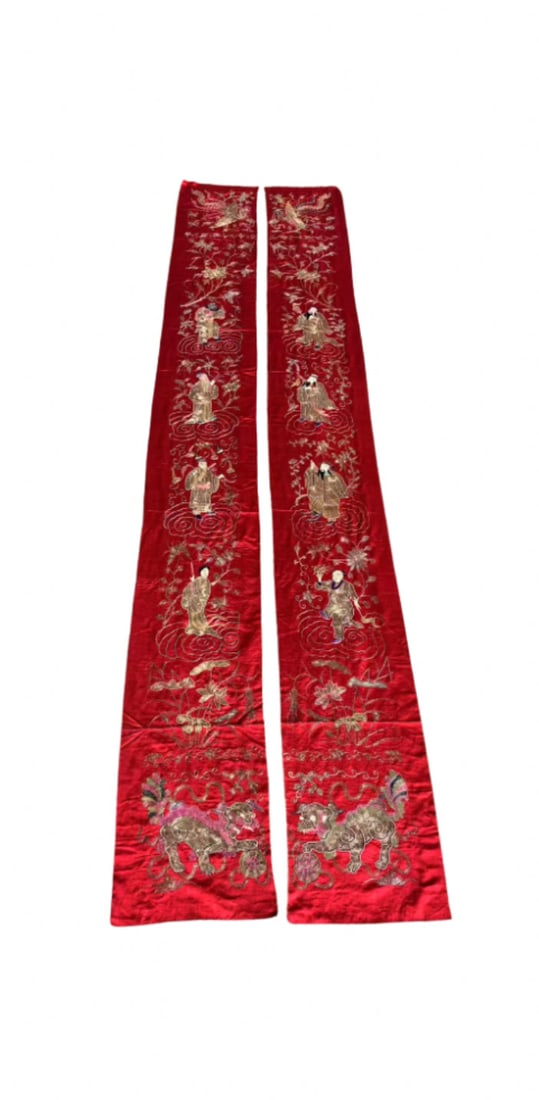 pair of long Chinese embroidered red silk panels (1 of 18)