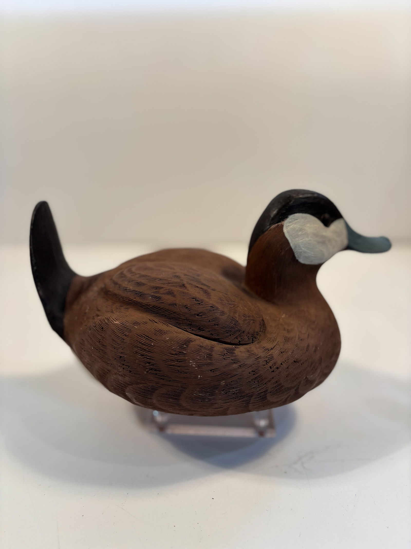 Hand-Carved Ruddy Duck Drake Stamped " Ruddy 7413": Detailed carving with textured feather patterns. Upright Tail, 4.75 inches high x 5 inches wide x 9 inches length