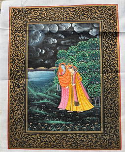 A Hand-Painted Indian Miniature on Silk – Royal Lovers Beneath Moonlit Sky: 19th century; A beautifully hand-painted Indian miniature painting on silk, depicting a romantic scene of a noble couple embracing beneath a swirling moonlit sky. Rendered in the traditional Kishangar