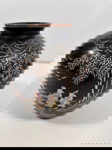 A Japanese mother-of-pearl inlaid wood lacquer jar brass rim signed: late 1800s, Oriental, Japanese, Signed, Laquered Vases, with Handworked, Mother Of Pearl Decoration. Mother of Pearl, in tiny pieces, make up the minutely detailed scenes. What patience this required