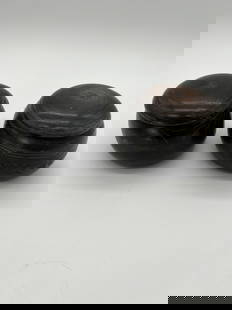 A pair of Japanese wood Wenqi containers: The pair of vintage Weiqi round containers are used to store the game’s stones, (one for black stones and one for white stones), which are all included in the container together. Height: 3.5 inches
