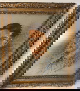 A pastel portrait painting with signature and date: This is a framed portrait in a highly ornate, gilded frame. The portrait appears to be a finely executed painting, possibly an oil or pastel work, showing a young man with a composed and formal demean