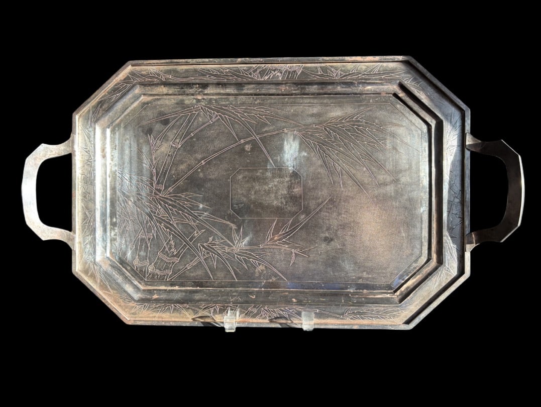 Chinese export sterling silver Nanking tray with Chinese Character Mark "GUANG XIANG": 19th century; The mark on the tray is GUANG XIANG, one of the most prolific artisan workshops working on a regular basis with Feng Xiang.The tray appears to be a Chinese export silver piece, distingui