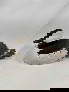 Hand-Carved Bufflehead Drake Decorative Duck Decoy signed and dated  1990: The decoy features finely incised feather details, a naturalistic paint scheme with iridescent green and purple hues on the head, and a felted base with a gold label from the American Wildlife Collect