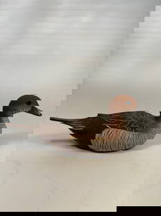 Hand-Carved Pintail Hen Decorative decoy signed and dated 1992: Finely hand-carved and painted wooden model of a Pintail hen, signed on the base; Produced as part of the American Wildlife Collection by Craft-Tex, Inc. of High Point, NC (label intact). Features pre