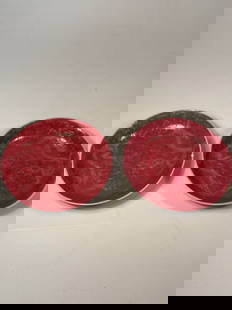 A Pair of Chinese Famille-Rose “Yanzhi Red?? porcelain plates: Qing dynasty(1644-1912); Chinese Famille-Rose “Yanzhi Red&rdquo; Bowl with Incised Dragon Decoration. Diameter: 5.5 inches; Height: 1 inch.