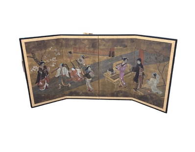 A Japanese Six-Panel Painted Folding Screen (By?bu) Signed Yukika: 18-19th century; by?bu), ink, mineral pigments, and gofun on paper with gold-leaf ground, depicting a bustling springtime scene of women in elaborate kimono accompanied by attendants and palanquin bea