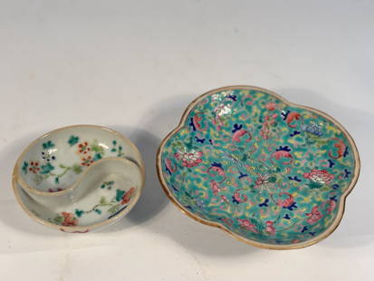 Set of Two Chinese Famille Rose Dishes: Qing Dynasty (1644-1912); A Chinese porcelain divided condiment dishes, each shaped in the traditional yin-yang form and hand-painted in famille rose enamels with floral sprays. Another lobed dish tur
