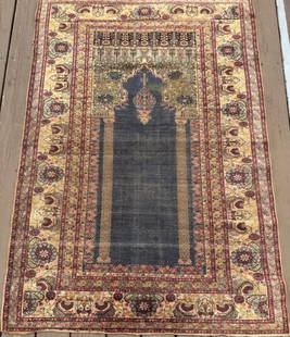 Antique Persian 100% silk prayer rug: Super fine and dense weave with clear patterning and delicate color shading.Measures: 46.5 inches x 66.5 inches.